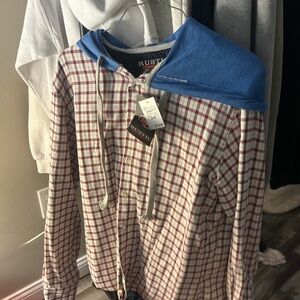 Rustic Plaid Shirt with Blue Hoodie